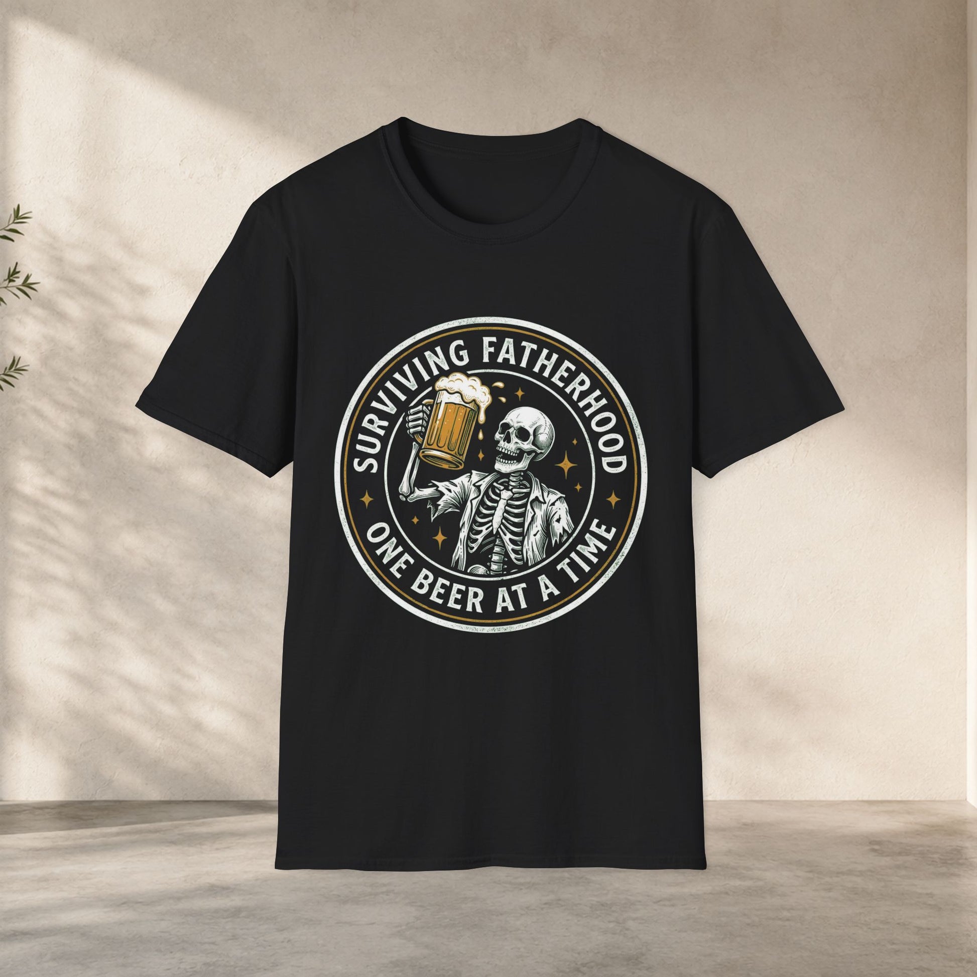Funny dad beer shirt with skeleton holding beer mug and surviving fatherhood one beer at a time quote